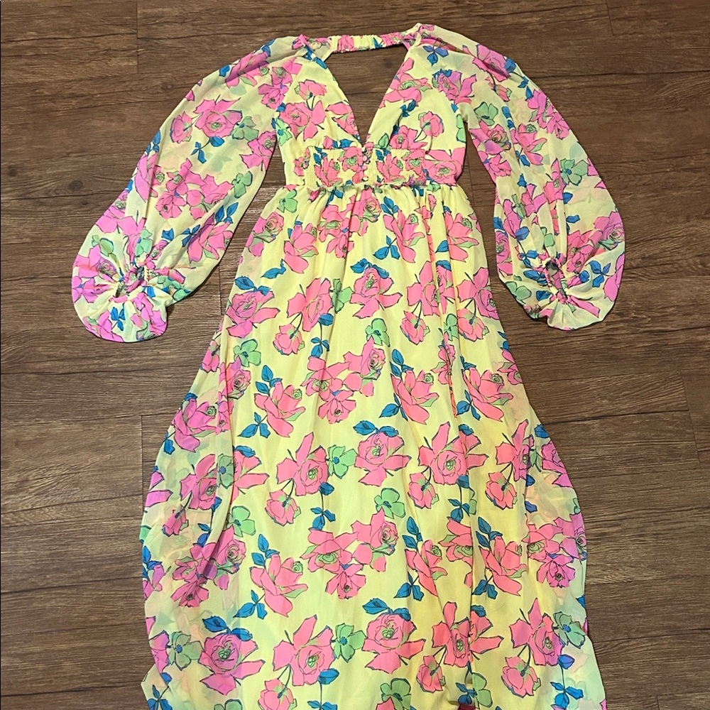 ASOS Design Sz 6 Soft Shirred Waist Open Back Maxi Dress Yellow
Pink Floral